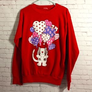 Red Crewneck Sweatshirt Cat with Balloons Valentine's Day Women's Small/Medium